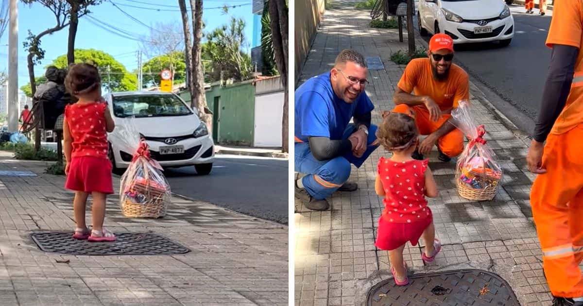 little girl waits for garbage collectors
