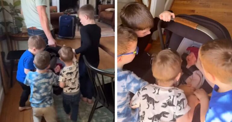 brothers meet newborn sister cute video
