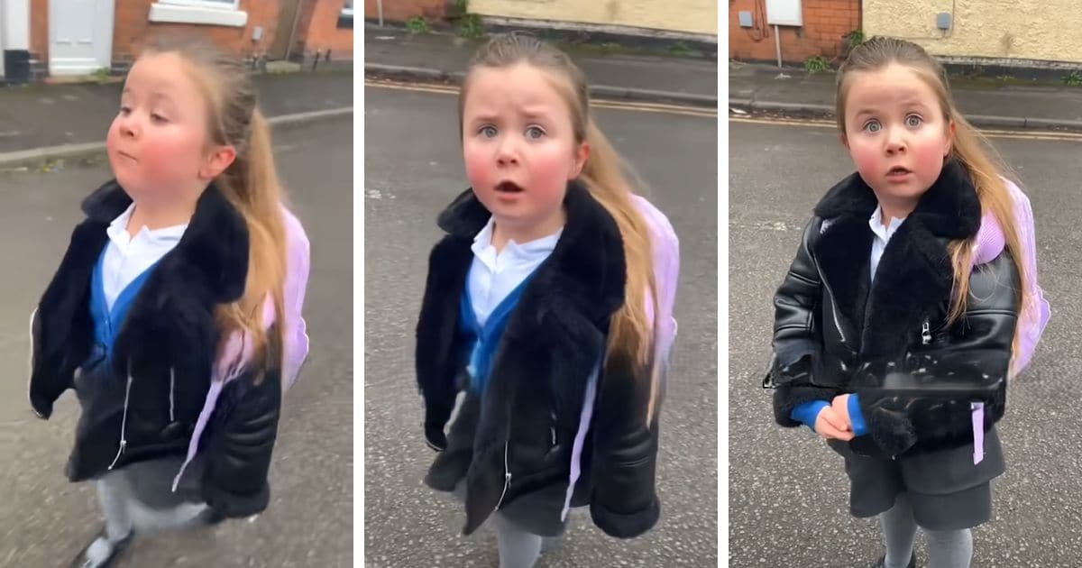 little girl complaining about backpack