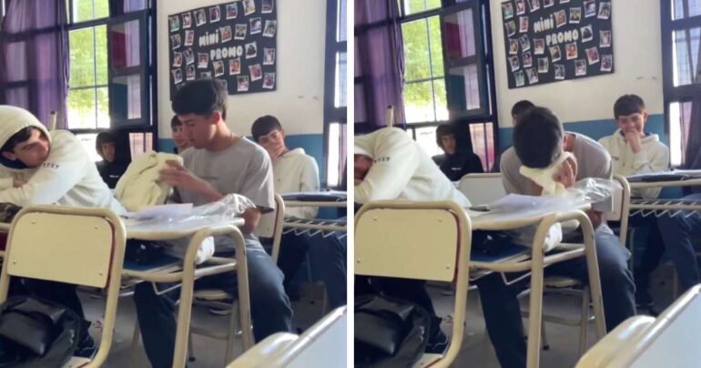 classmates surprise student with sweatshirt
