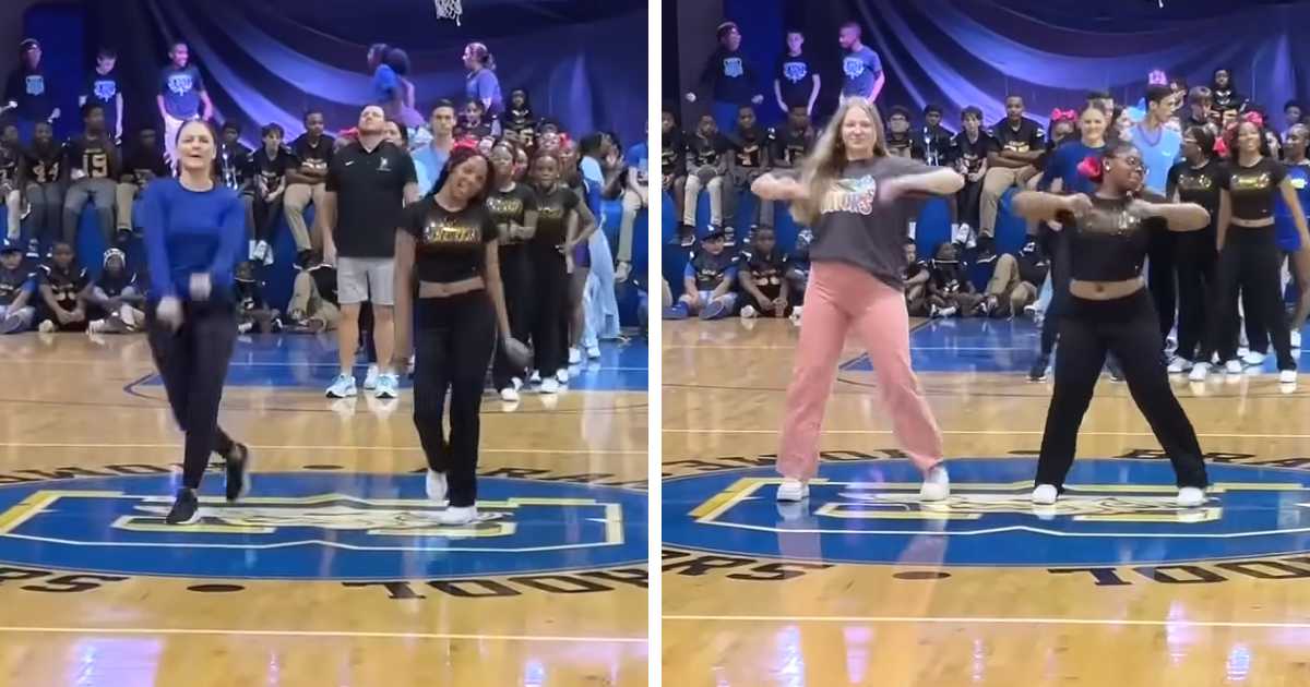 middle school pep rally teacher student dance